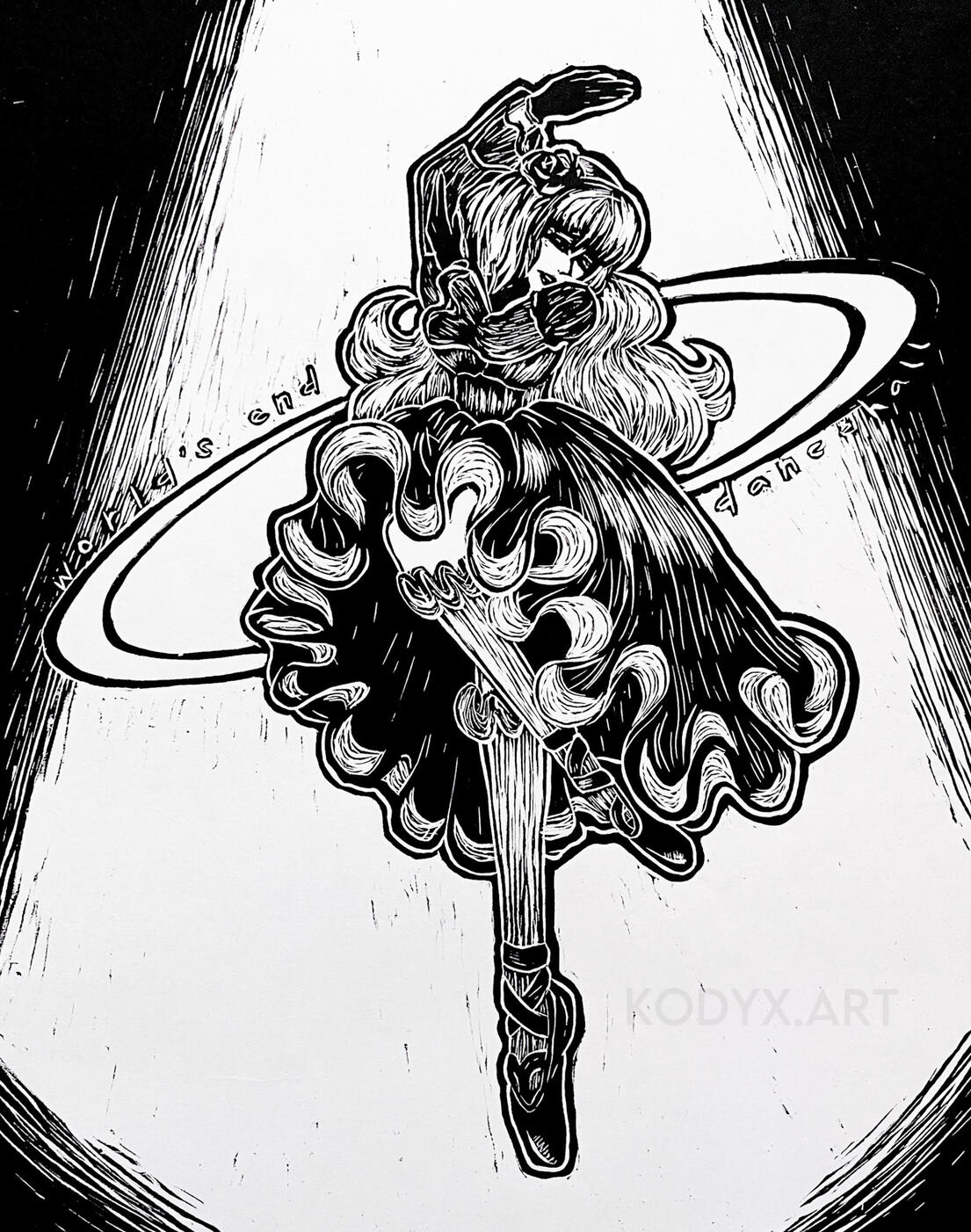 "World's End Dancehall", Linocut Relief printed on Masa, 11x14" "World's End Dancehall", Linocut Relief printed on Masa, 11x14"